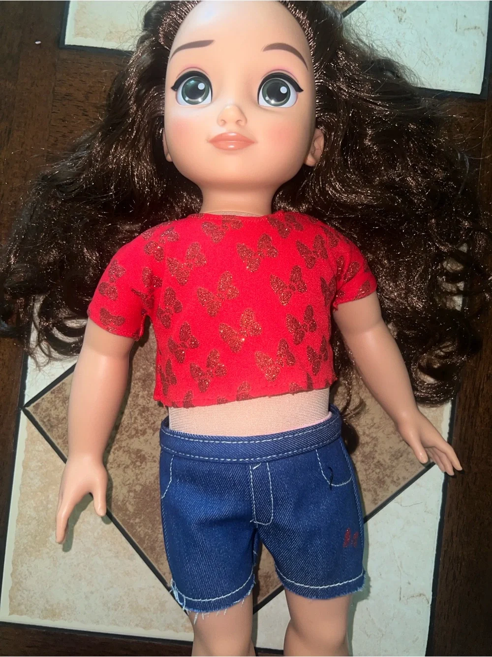 Disney Red Butterfly Print Crop Top with Blue Denim Shorts